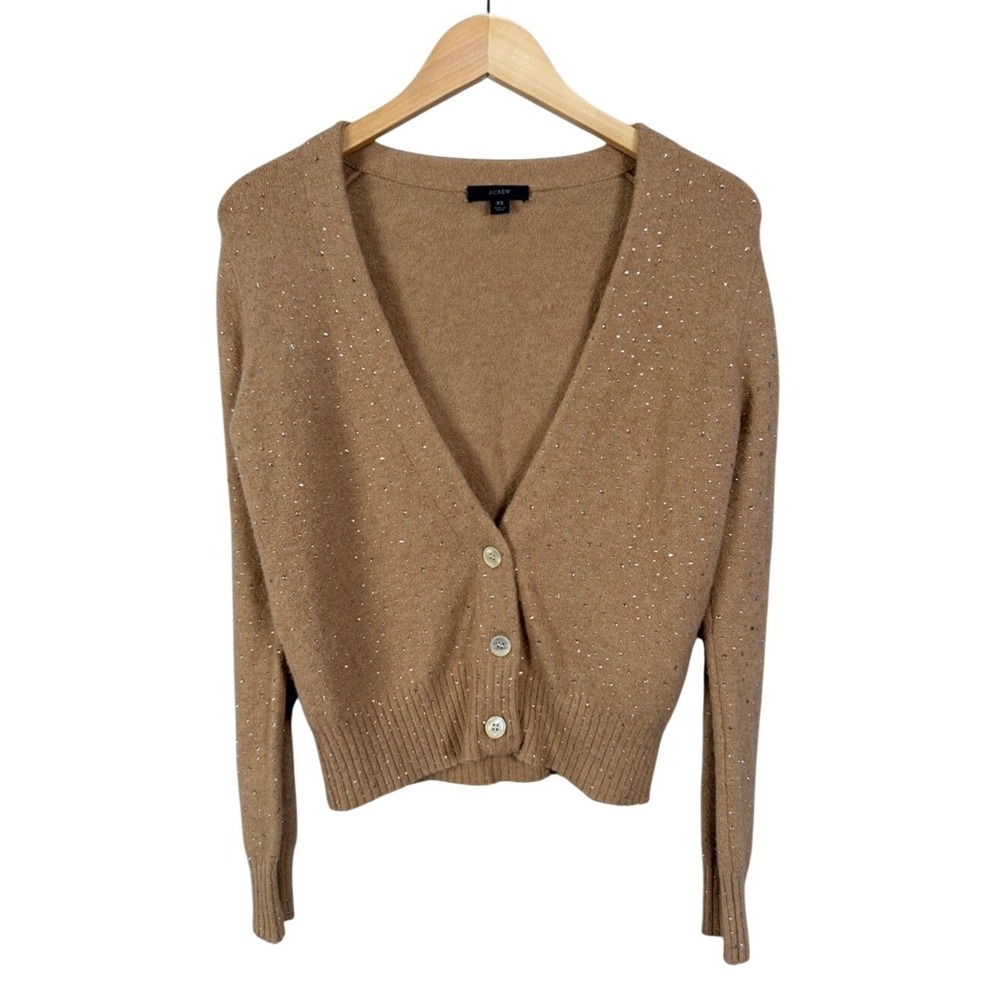 J Crew Sparkle Embellished Cardigan Sweater Camel XS V Neck Button Front Knit